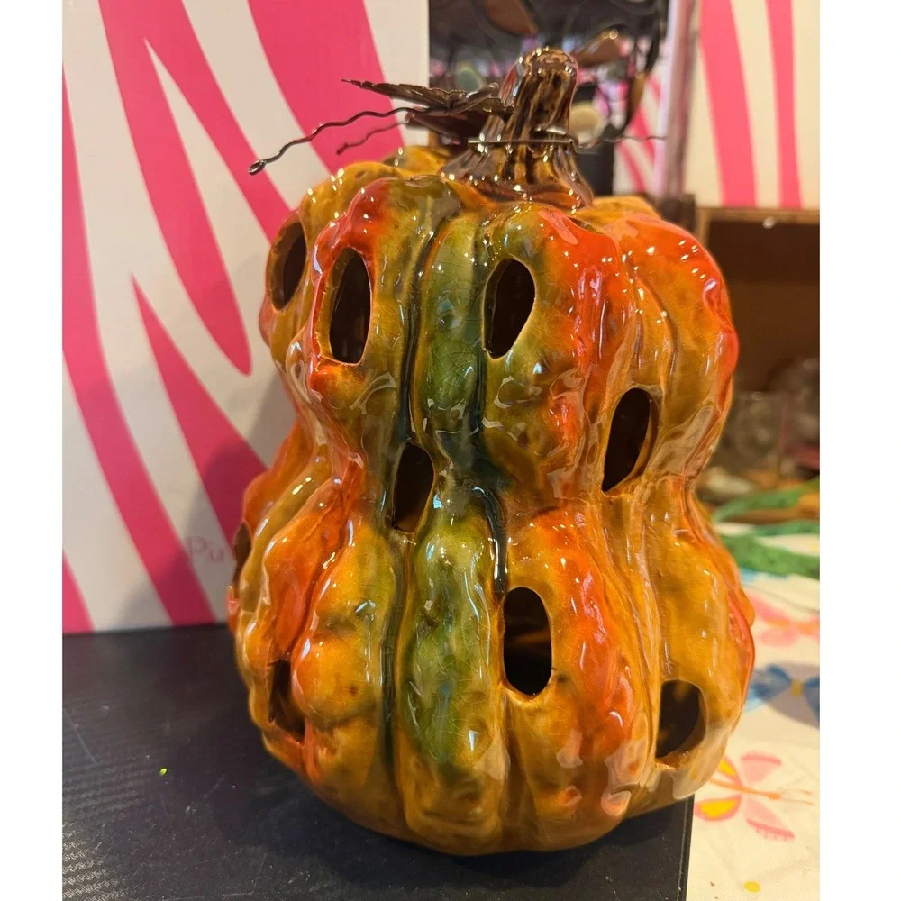 Pink Zebra Retired Ceramic Glazed Gourd Pumpkin Luminary Candle Holder Fall